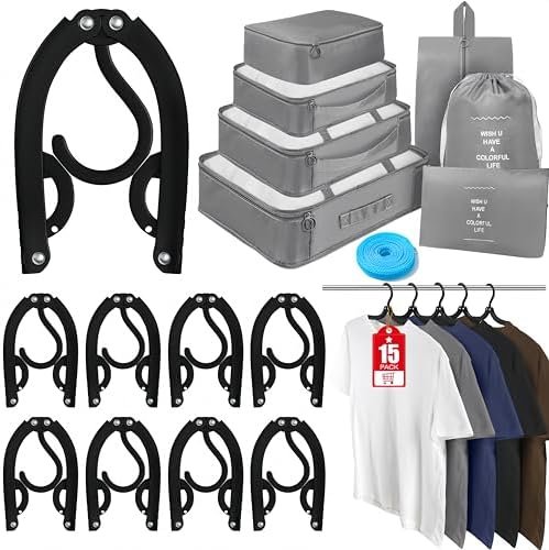 Foldable Travel Hangers Compression Packing Cubes for Travel Set with Portable Hangers Suitcase Organizer Bags Clothesline, Folding Cruise Ship Essentials for Traveling Camping Flying RV Cruises Black
