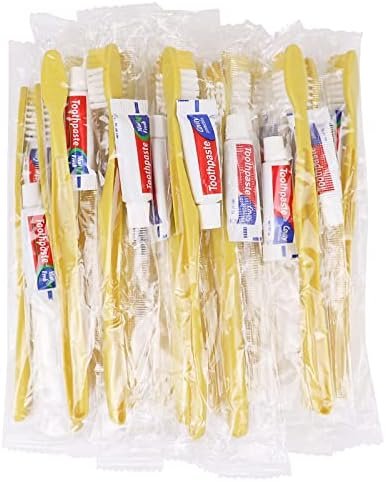 Disposable Toothbrushes With Toothpaste,200 Pack Yellow Hollow Individually Wrapped Disposable Travel Toothbrushes Kit in Bulk for Homeless,Nursing Home,Hotel,Charity
