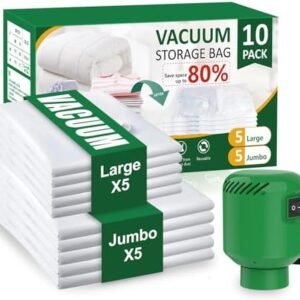 10 Pack Vacuum Storage Bags (5 Jumbo/5 Large) with Electric Pump, Reusable Compression Space Saver Bags for Autumn And Winter clothing, Mattress, Bedding, Quilts and Pillows, Comforters, Travel, White
