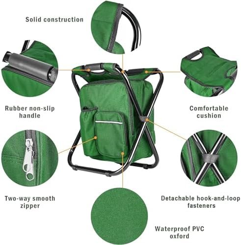 Kikerike Portable Stool Backpack Cooler Chair 400 LBS Max Load Folding Fishing Cooler Backpack Stool for Outdoors Hiking Beach Travel - Army Green - Image 5