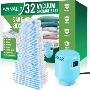 Vacuum Storage Bags with Electric Pump, New Air Valve Combo 32 Pack Vacuum Space Saver Bag, Vacuum Sealer Bags for Clothes, Clothing, Pillows, Comforters, Blankets, Quilt, Travel, Two Compressing Ways
