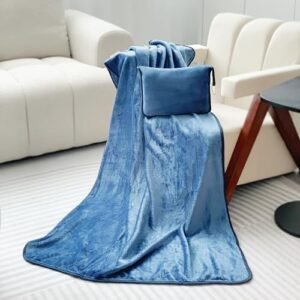 Travel Blanket Pillow in Mini Soft Case Premium Plush Airplane Blanket in Soft Bag Compact Pack with Luggage Belt and Backpack Clip Flight Packable Plane Accessories (Navy Blue)