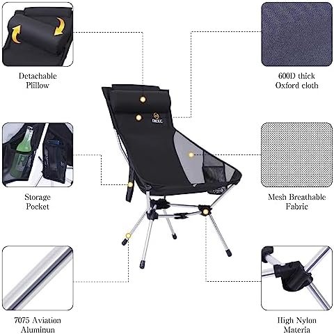 Nice C Ultralight High Back Folding Camping Chair, Backpacking Chair, Compact & Heavy Duty Outdoor, Travel, Picnic, Festival with 2 Side Pockets, Pillow &Carry Bag (One Black) - Image 4