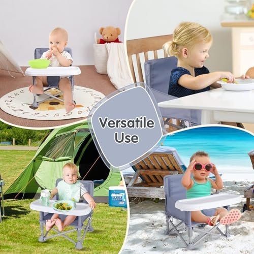 Portable Baby Booster Seat with Tray, Toddler Booster seat for Dining, Camping, Travel, Baby Beach Chair 6 Months to 3 Years Old Indoor Outdoor Use Grey - Image 6