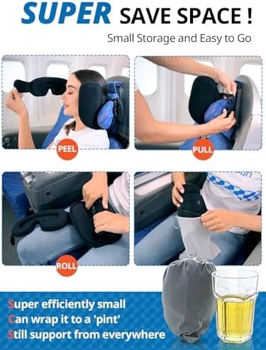 Upgraded Travel Pillow, U-Shaped Airplane Head Strap for All Heights, 360° Support, 3D Sleep Mask, 100% Light Blocking, Long Flights Essentials Headrest, Stop Bobblehead, Black - Image 8