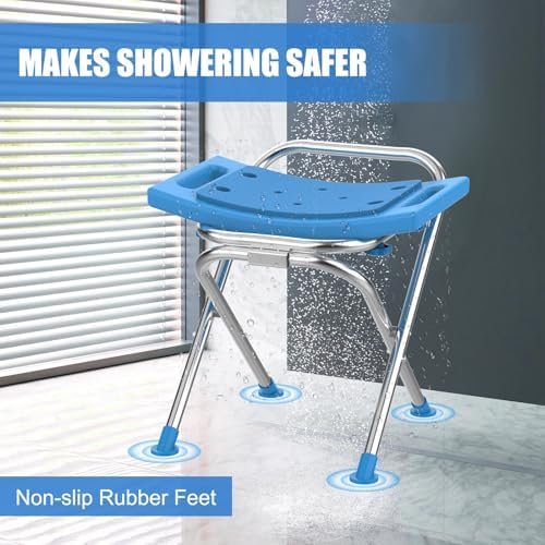 Folding Shower Chair Seat, 17.5" Stainless Steel Small Shower Chair for Inside Shower, 400lbs Portable Travel Shower Stool, Safety Anti-Slip Bath Chair for Seniors, Disabled, Blue - Image 5