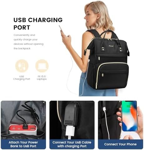 LOVEVOOK Laptop Backpack Women, 15.6 Inch Work Backpack Woman for Teacher Nurse Bags, Computer College Backpack Purse, Waterproof Anti-theft Travel Back Pack with USB Charging Port, Black - Image 3