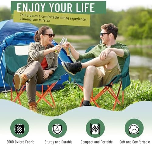 2 Pack Compact Camping Chairs Portable Folding for Outside with Carry Bag Lightweight Moon Chairs for Travel Picnic Hiking Beach Fishing, 600D Oxford, Supports 330lbs(Green) - Image 4