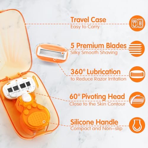 DreamGenius Travel Razors for Women Include 1 Handle and 5 Cartridges, Extra Smooth 5-Blade Travel Essentials Razor with Case for Shaving, Orange - Image 4