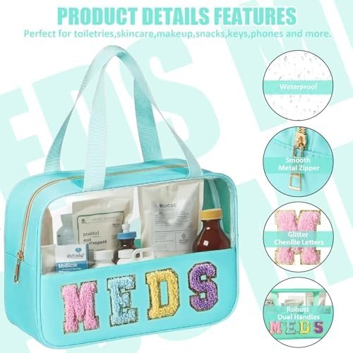 Chenille Letter Bag Clear Meds Bag Preppy Makeup Bag Medicine Bags for Travel Zipper Pouch with Handle Nylon & PVC Waterproof Portable Cosmetic Bag Toiletry Organizer for Women Girls Green - Image 3