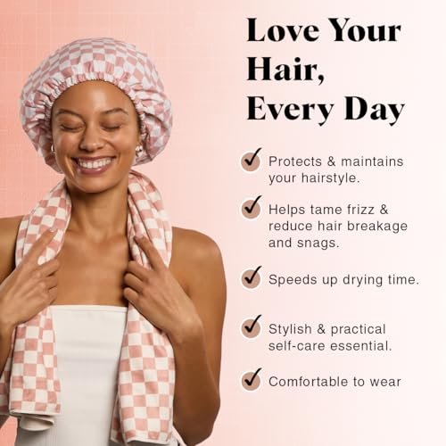 Kitsch Love & Comfort 2PC Spa Set - Satin Lined Reusable Waterproof Shower Cap and XL Quick Dry Hair Towel Wrap for Women, Microfiber Towel, Flexi Shower Cap For All Hair Types - Terracotta Checker - Image 2