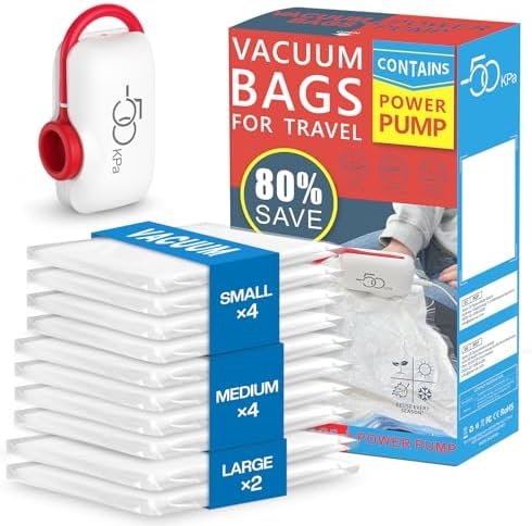 Vacuum Storage Bags for Travel, 10 Pack Vacuum Seal Bags for Clothing Travel, Vacuum Sealer Bags with High Pressure Electric Pump, Portable Space Saver Bags for Luggage Traveling