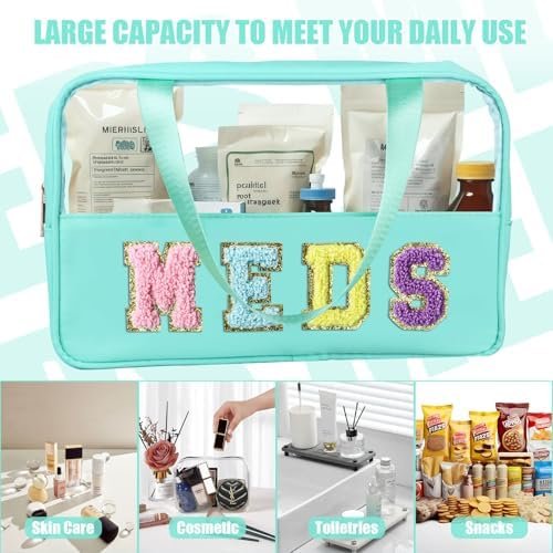 Chenille Letter Bag Clear Meds Bag Preppy Makeup Bag Medicine Bags for Travel Zipper Pouch with Handle Nylon & PVC Waterproof Portable Cosmetic Bag Toiletry Organizer for Women Girls Green - Image 4