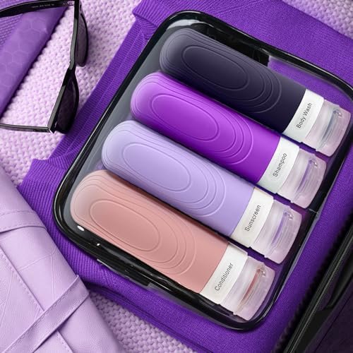 GLAMFIELDS Travel Bottles for Toiletries TSA Approved, 3oz Size Leak Proof Silicone Travel Containers for Shampoo, Lotion,Easy to Squeeze Portable, Essentials for Traveling (4 Pack) Purple - Image 7