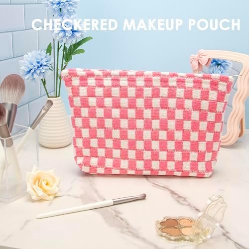PAZIMIIK Knitted Checkered Makeup Bag Large Zipper Make Up Accessory Pouch for Purse Cosmetic Brush Bag for Travel Essential Pink White - Image 2