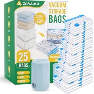 Vacuum Storage Bags for Travel, Combo 25 Pack Vacuum Sealed Bags with 1500mAh Portable Rechargeable Electric Pump for Clothes, Pillows, Comforters, Luggage, Backpack, Travel Essentials