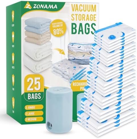 Vacuum Storage Bags for Travel, Combo 25 Pack Vacuum Sealed Bags with 1500mAh Portable Rechargeable Electric Pump for Clothes, Pillows, Comforters, Luggage, Backpack, Travel Essentials