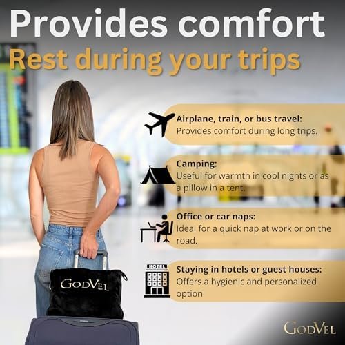 Travel Blanket and Pillow Set 2 in 1- Soft Fleece Throw Blanket with Portable Carry Bag - Perfect for Airplane, Car, and Camping, Travel Essentials- Black. - Image 3