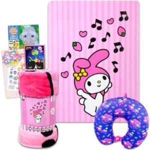 Hello Kitty and Friends Neck Pillow and Blanket Set - Bundle with Hello Kitty Travel Neck Pillow, My Melody Fleece Blanket, Tattoos, Sticker Activity Book, More | Hello Kitty Travel Accessories
