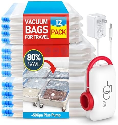 VMstr Vacuum Storage Bags for Travel, 12 Pack Carry-on Size for Luggage Compression Packing, Space Saver with High Pressure Electirc Pump