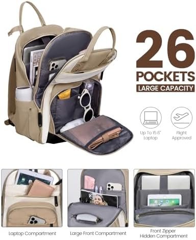 LOVEVOOK Laptop Backpack for Women,15.6inch Professional Women Travel Backpack Purse Anti-theft Laptop Computer Bag,Fashion Warterproof Work Business College Teacher Backpack Daypack,Khaki-beige white - Image 3