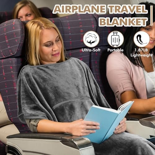 Tirrinia Travel Blanket Airplane Office Poncho 4 in 1 Premium Cozy Fleece Portable Poncho Blankets with Built-in Bag, Pocket - Image 2