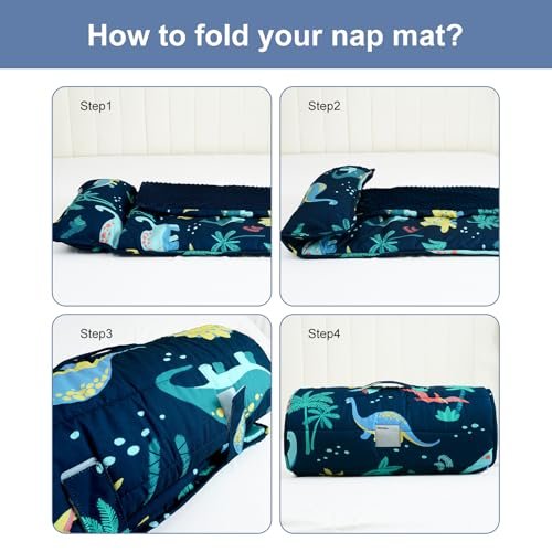 PHF Toddler Nap Mat with Removable Pillow and Minky Fleece Blanket, Rollup Design Warm Slumber Bags for Boys, 50"x20"x2" Kids Sleeping Bag for Daycare Preschool Travel Camping, Dinosaur - Image 6