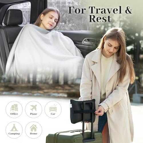 Travel Blanket and Pillow – Lightweight, Warm Polar Fleece Blanket & Soft, Easy-Clean Faux Leather Pillow with Luggage Strap for Travel, Office, and Home - Image 5