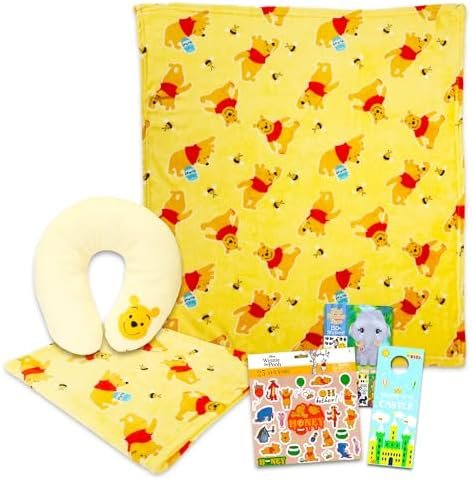 Disney Winnie The Pooh Travel Set for Kids- Bundle with Winnie The Pooh Blanket and Neck Pillow Plus Sticker Activity Book, More Winnie The Pooh Travel Accessories Set