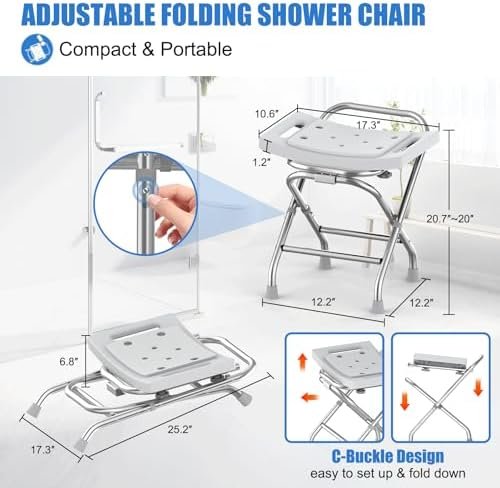 Height Adjustable Folding Shower Chair w/Crossbar, 400lbs Stainless Steel Foldable Shower Chair for Inside Shower, Anti-Slip Portable Travel Shower Stool, Safety Bath Chair for Seniors, Gray - Image 4