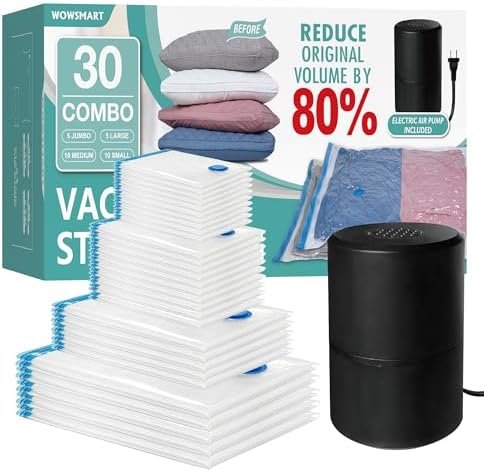 30 Vacuum Storage Bags with Electric Pump, Vacuum Sealed Storage Bags (5Jumbo/5Large/10Medium/10Small), Space Saver Vacuum Seal Bags for Clothing, Comforters, Pillows, Towel, Blanket Storage, Bedding