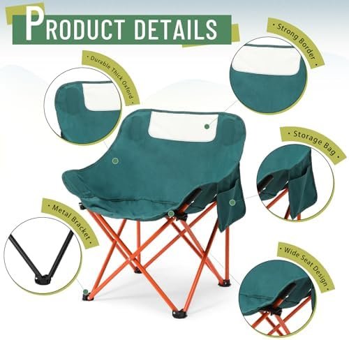 2 Pack Compact Camping Chairs Portable Folding for Outside with Carry Bag Lightweight Moon Chairs for Travel Picnic Hiking Beach Fishing, 600D Oxford, Supports 330lbs(Green) - Image 3