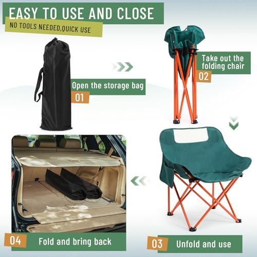 2 Pack Compact Camping Chairs Portable Folding for Outside with Carry Bag Lightweight Moon Chairs for Travel Picnic Hiking Beach Fishing, 600D Oxford, Supports 330lbs(Green) - Image 5