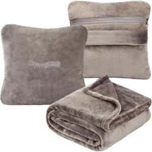 Travel Blanket Pillow, Premium 2 in 1 Flannel Airplane Blanket Compact for Travel,Office, Home,Travel Essentials Accessories for Plane and Car,Compact Office Blanket (Gray)