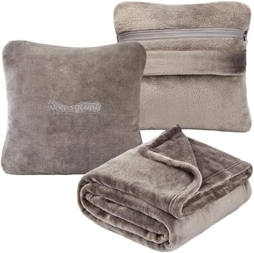 Travel Blanket Pillow, Premium 2 in 1 Flannel Airplane Blanket Compact for Travel,Office, Home,Travel Essentials Accessories for Plane and Car,Compact Office Blanket (Gray)