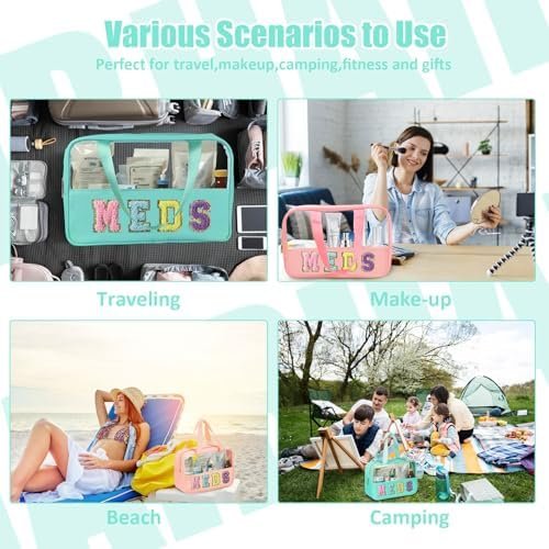 Chenille Letter Bag Clear Meds Bag Preppy Makeup Bag Medicine Bags for Travel Zipper Pouch with Handle Nylon & PVC Waterproof Portable Cosmetic Bag Toiletry Organizer for Women Girls Green - Image 5