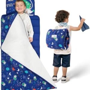 Toddler Nap Mat with Removable Pillow and Plush Blanket - 54" x 33"for Kids Ages 3-6 Years - Soft Kids Sleeping Bag for Toddlers - Roll Up Design Great for Preschool, Daycare