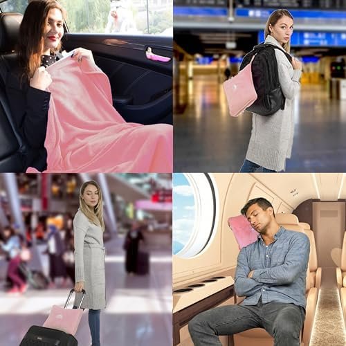 BlueHills Premium Soft Travel Blanket Pillow Airplane Blanket in Soft Bag case with Hand Luggage Belt and Carabiner Compact Pack Large Cozy Portable for Plane Car Train Transit Light Pink T020 - Image 2