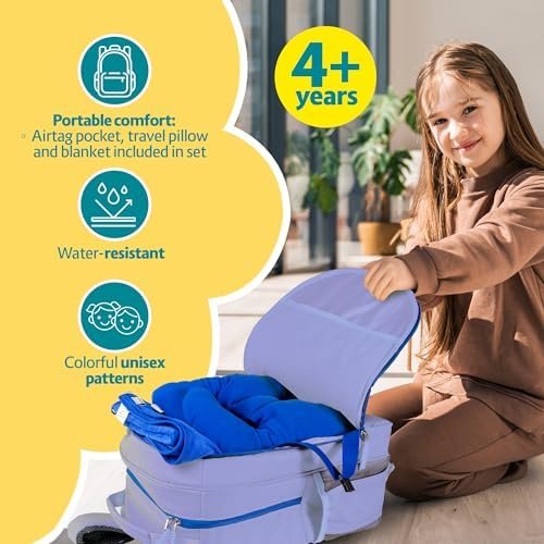 3pc Kids Travel Backpack Set – kids travel pillow and blanket & AirTag holder included | Toddler road trip essentials & Travel Essentials for Kids ages 4-10 - Image 4