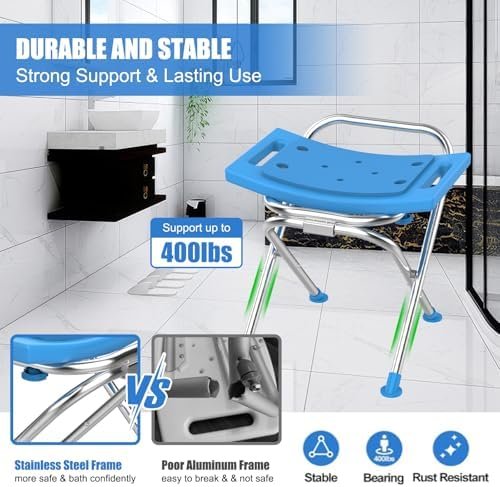Folding Shower Chair Seat, 17.5" Stainless Steel Small Shower Chair for Inside Shower, 400lbs Portable Travel Shower Stool, Safety Anti-Slip Bath Chair for Seniors, Disabled, Blue - Image 2