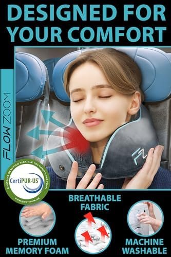 Travel Pillow Memory Foam - Airplane Neck Pillow for Long Flight - Travel Pillows for Airplanes - Adjustable Travel Neck Pillow - Flight Pillow - Car & Plane Pillow - Adults, Grey - Image 4