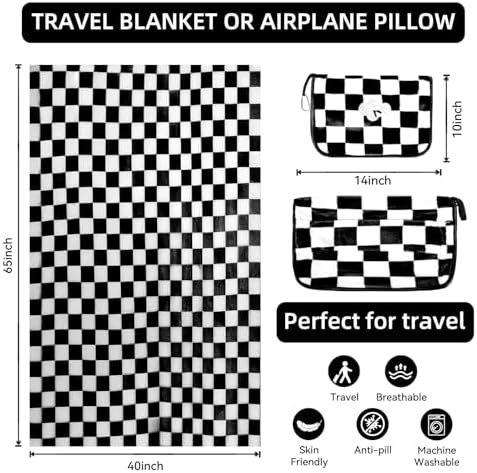 Travel Blanket and Pillow Compact, Premium Soft 2 in 1 Airplane Blanket with Soft Bag Pillowcase,Hand Luggage Sleeve and Backpack Clip (Checkered Black) - Image 3