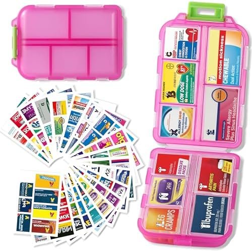 Pill Organizer with Medicine Labels - 7 Day Travel Pill Container (Pink, 161 Labels)