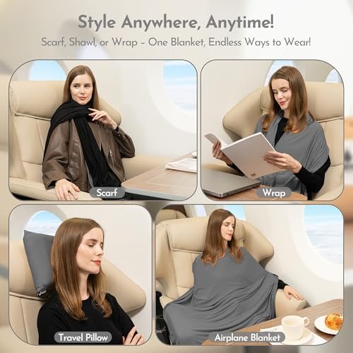 16-in-1 Compact Travel Blanket with Bag – Reversible Soft Bamboo Airplane Blanket, Shawl, or Travel Scarf with Hidden Pocket, Packable Airplane Travel Essentials (Charcoal/Black) - Image 3