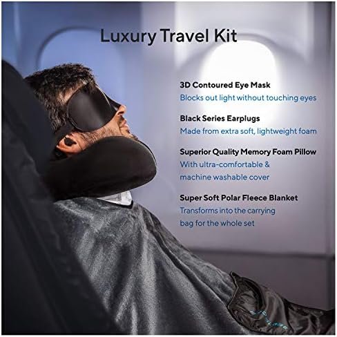Travel Blanket Luxury Travel Set - Ergonomic Airplane Neck Pillow 100% Pure Memory Foam and Super Soft Fleece Blanket - Premium 3D Sleep Mask & Earplugs - Ultimate 4-in-1 Travel Kit Black - Image 2