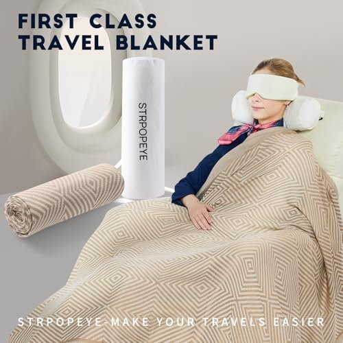 Ultra-Soft Travel Blanket for First Class,Airplane Blanket with Compact Bag,Portable and Small Car&Train&Office Blanket with Sleep Mask,Travel Essentials for Flying (Khaki) - Image 6