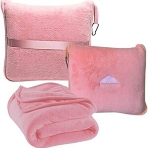 BlueHills Premium Soft Travel Blanket Pillow Airplane Blanket in Soft Bag case with Hand Luggage Belt and Carabiner Compact Pack Large Cozy Portable for Plane Car Train Transit Light Pink T020