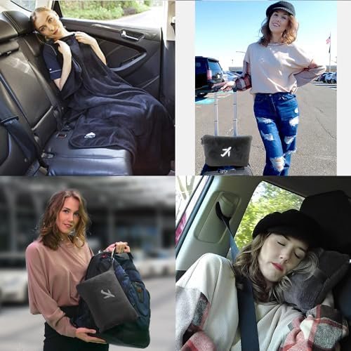 BlueHills Travel Blanket Pillow in Mini Soft Packable Case Premium Plush Airplane Blanket in Portable Compact Pack with Luggage Belt and Carabiner Long Flight Throw Essentials Lightweight- Black M05 - Image 2