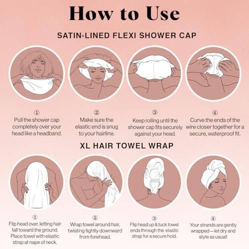 Kitsch Love & Comfort 2PC Spa Set - Satin Lined Reusable Waterproof Shower Cap and XL Quick Dry Hair Towel Wrap for Women, Microfiber Towel, Flexi Shower Cap For All Hair Types - Terracotta Checker - Image 5