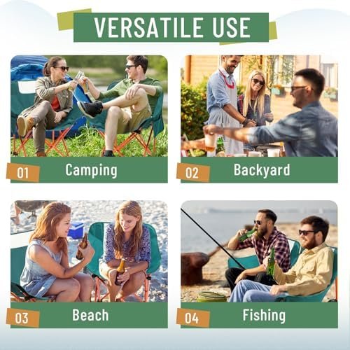 2 Pack Compact Camping Chairs Portable Folding for Outside with Carry Bag Lightweight Moon Chairs for Travel Picnic Hiking Beach Fishing, 600D Oxford, Supports 330lbs(Green) - Image 7
